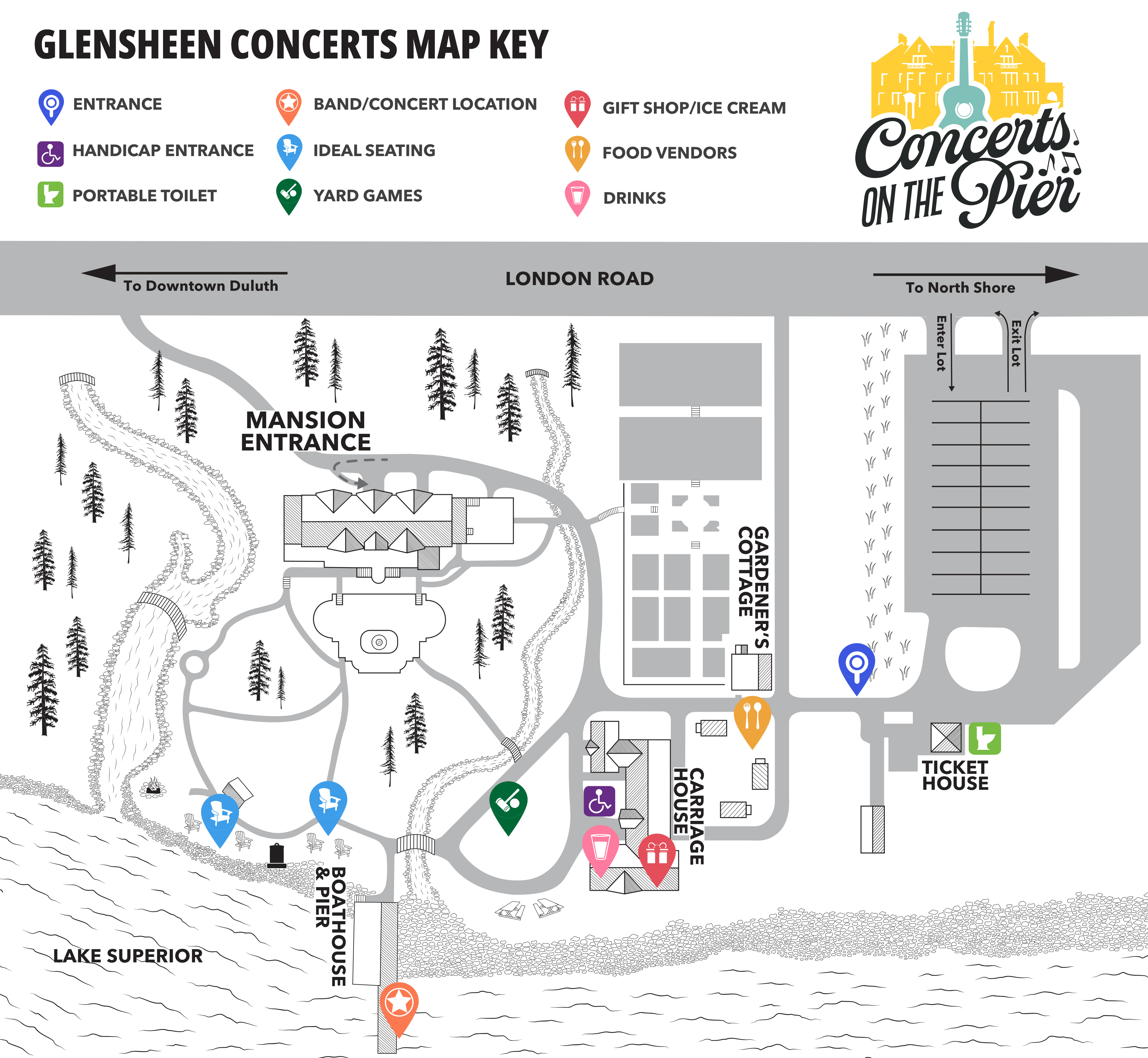 Map of Glensheen grounds, showing where key areas are during the event.