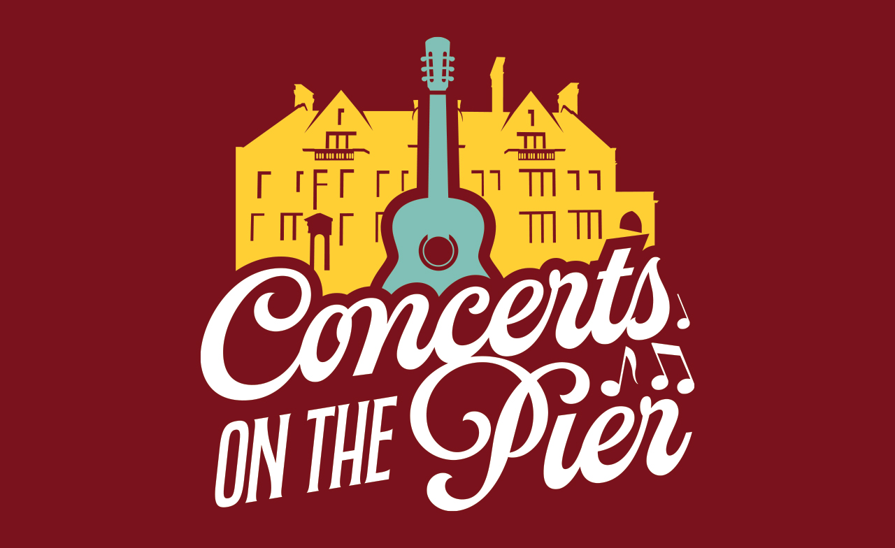 Concerts on the Pier logo with yellow mansion and a blue guitar.