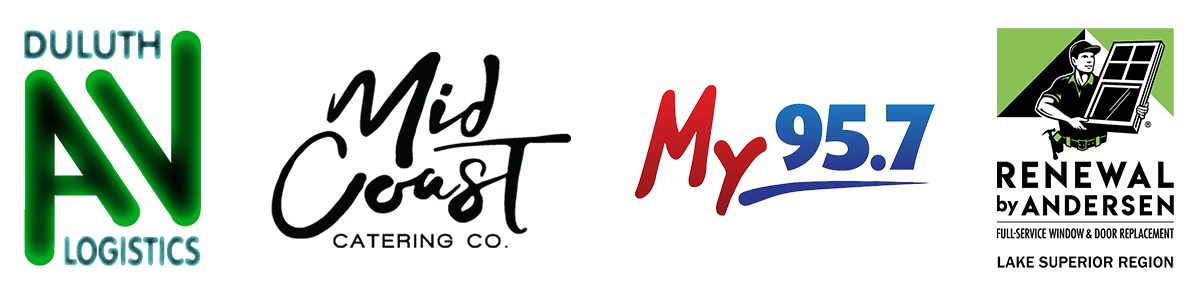 Group of logos: Duluth AV Logistics, Mid Coast Catering, My 95.7, Renewal by Andersen