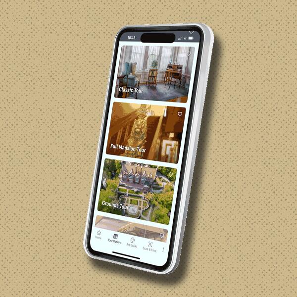 a mobile phone, showcasing the tour options that would appear on the mobile Glensheen Mansion App