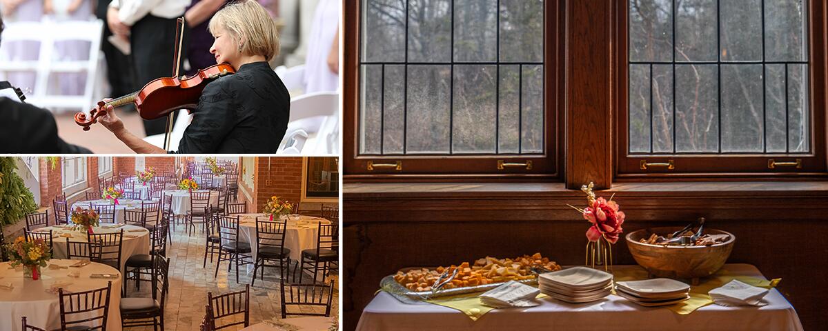 Three photos: one of a violinist playing at a wedding reception, many tables set in the Winter Garden for an event, a small table in the Amusement Room with appetizers displayed.