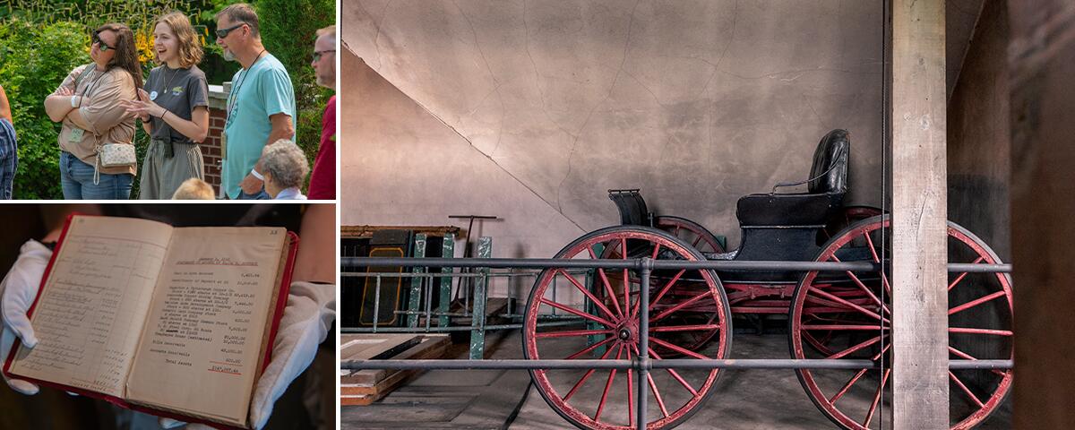 Carriage with red wheels, gloved hands holding an expense records book, and a tour guide speaking with a tour group outside.