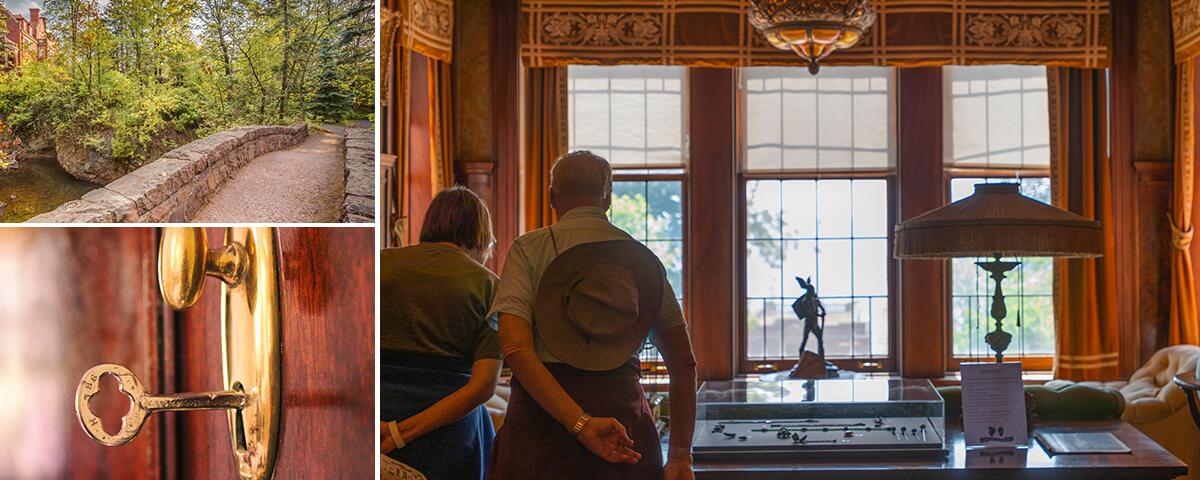 Three photos: one of the Stone Arch Bridge with Glensheen in the background, an old key in a door, two adults looking at some artifacts in the Library.