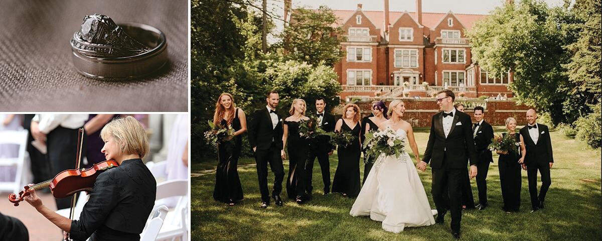 two rings, performing violinist, wedding party mansion lawn. Credits: Ali Leigh & Sternberg Studios Photography