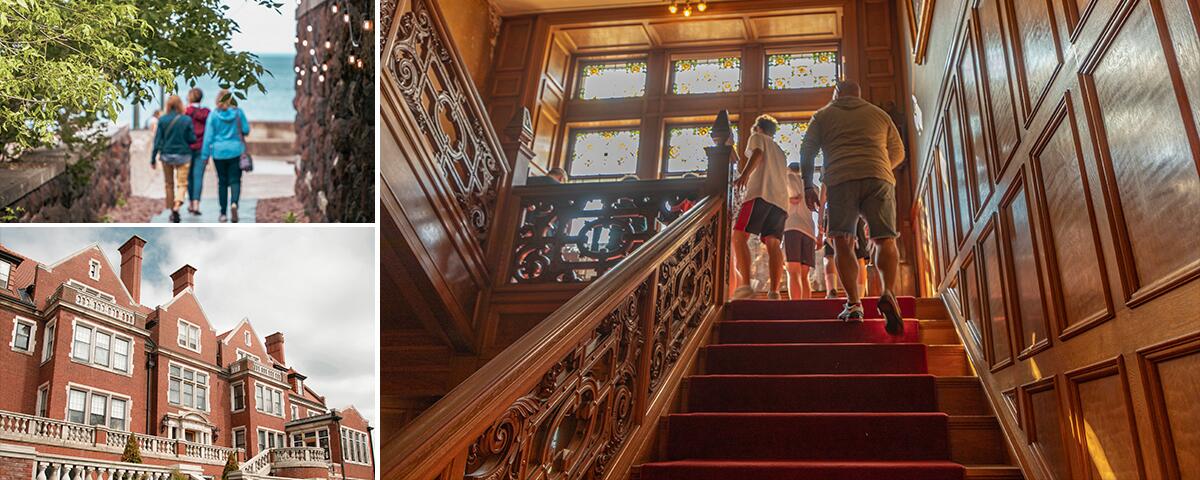 adult group climbing up red staircase; three women walking past the stone boathouse to the pier; exterior of Glensheen Mansion