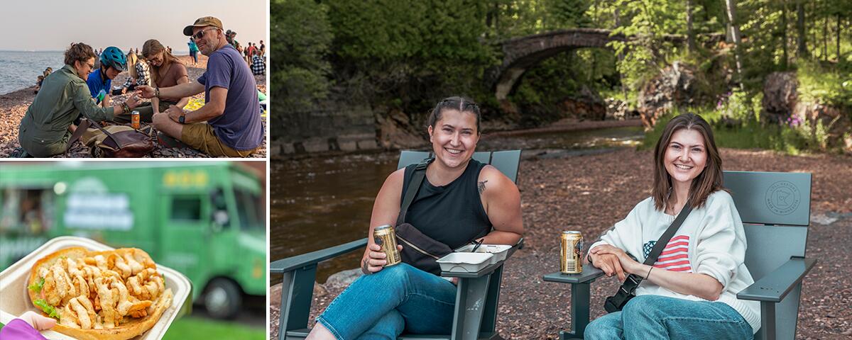 two women seated in front of stone arch bridge with beer; a green foodtruck with container of food; family picnic on the shore.