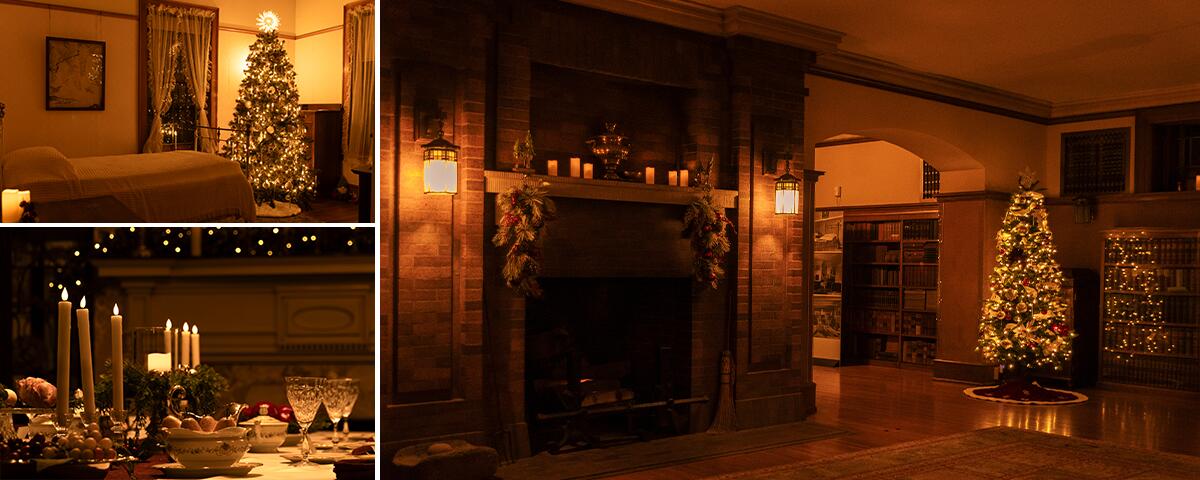 the amusement room fireplace with christmas garland and a small christmas tree; the servants room with a christmas tree; the formal dining room table with candles, bread and fruit.