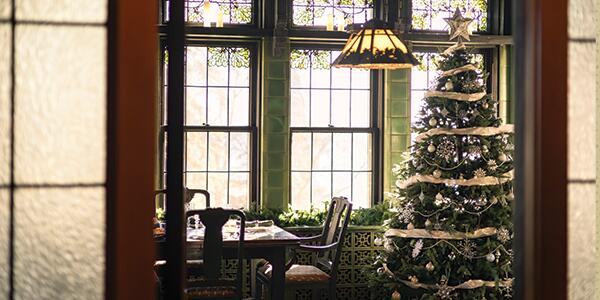 Christmas tree in the green tiled Breakfast room.