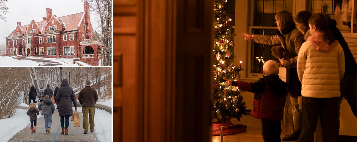 Family pointing at Christmas tree; Exterior brick of Glensheen mansion; family walking a paved path to the mansion.