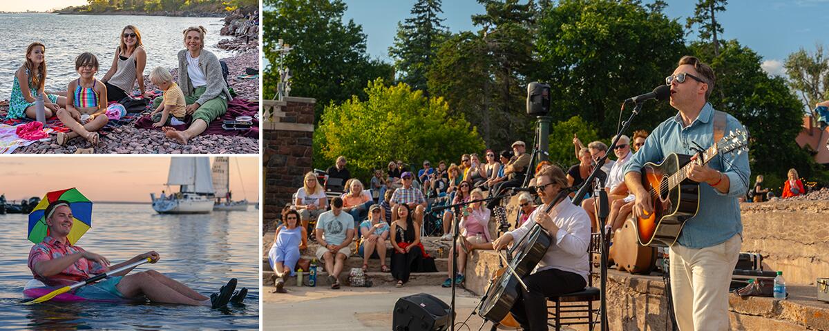 Man with guitar performing on pier; man on floating tube in the lake; family smiling on lakeshore watching concerts.