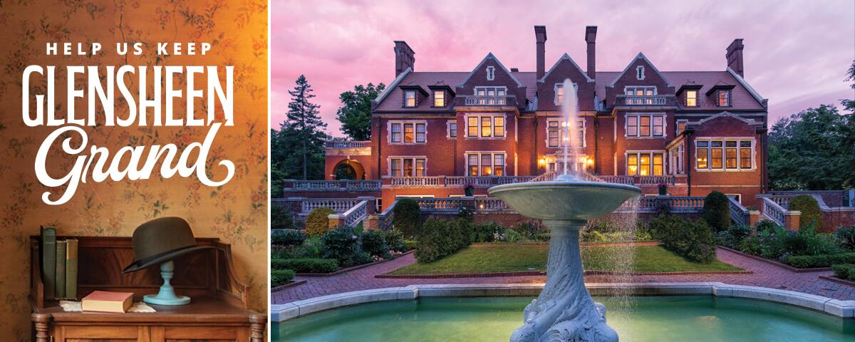 Glensheen mansion at sunset & Chester's hat and books: Help us Keep Glensheen Grand