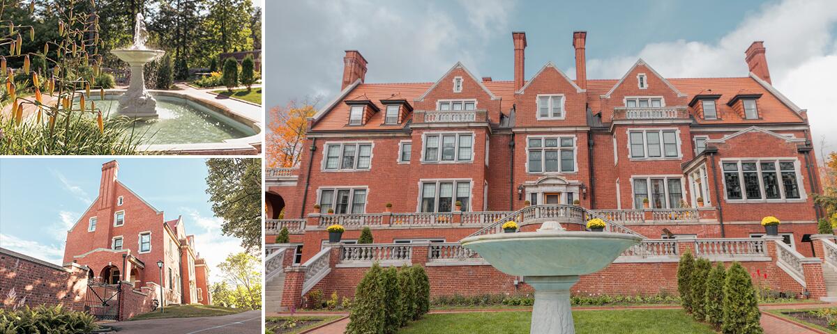 brick exterior of Glensheen with fountain and trees in garden.