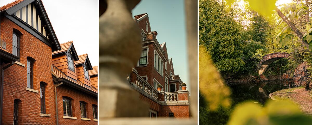 Carriage house brick exterior, Glensheen brick exterior, green trees and stone arch bridge over Tischer Creek.