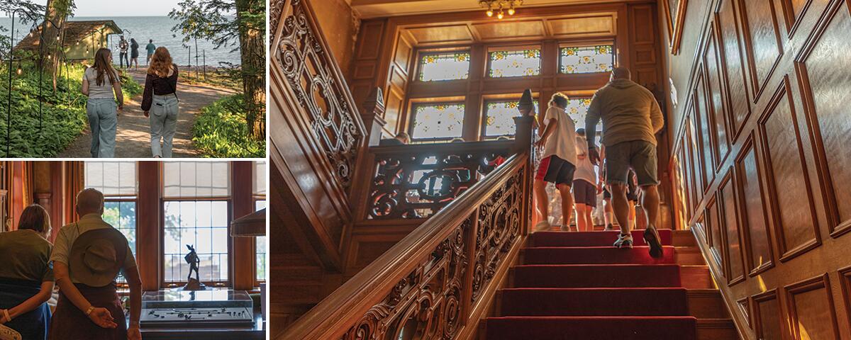 family walking up main stairs; couple looking at artifacts in library; girls walking path.
