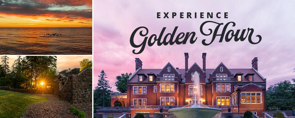 Experience Golden Hour: Glensheen mansion with sunset background, sunset over lake, sun peaking through trees.
