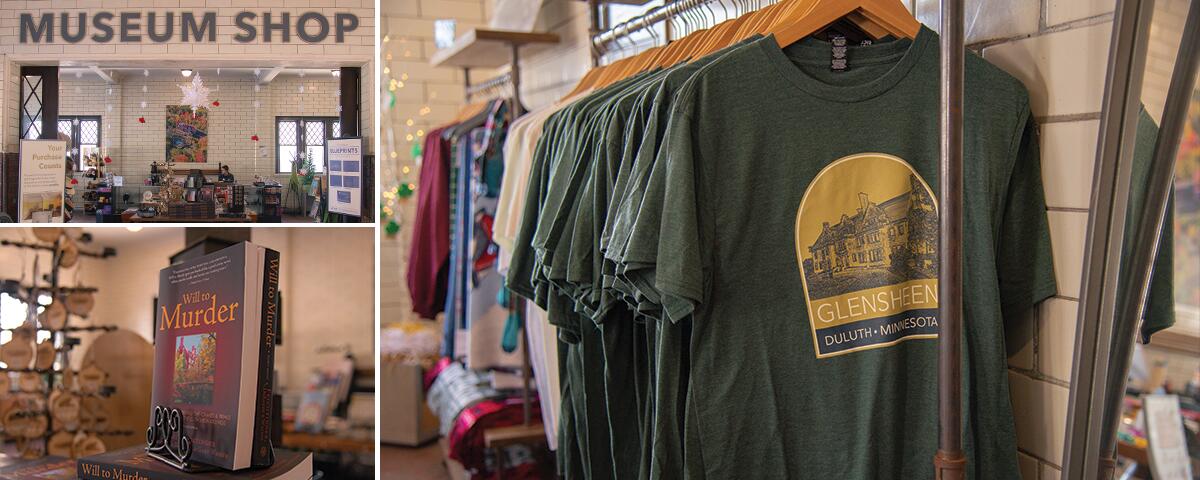 book on a stand, tshirts hanging along a wall, Museum Shop sign above an entry into the shop.