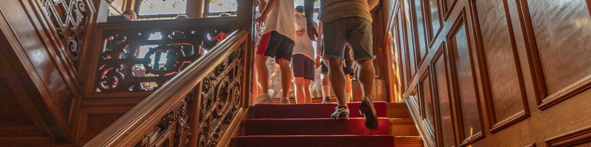 family walking up red carpeted, wood staircase