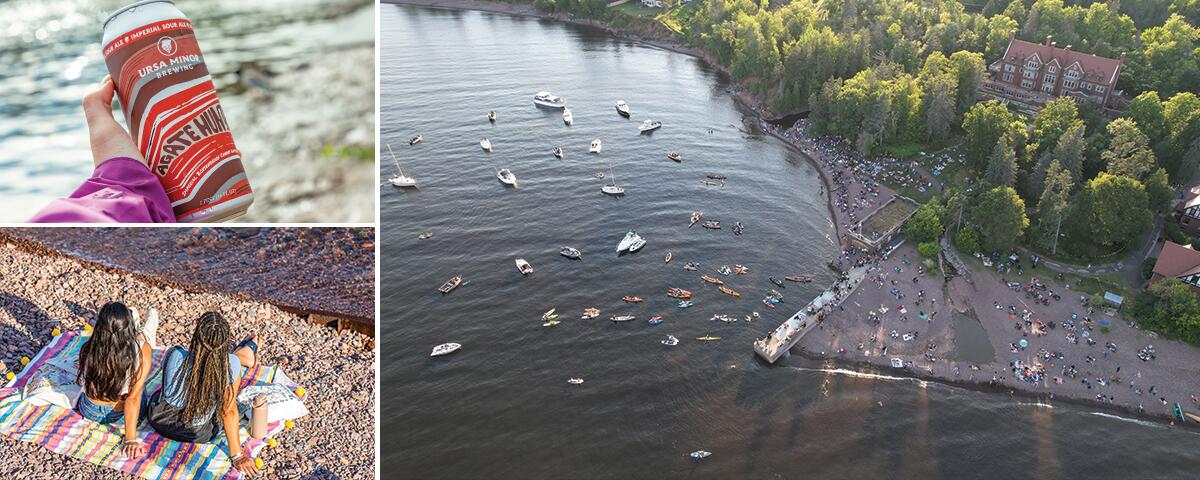 hand holding beer can, two girls sitting on a picnic blanket on the shore, drone view of mansion and crowd of boats.