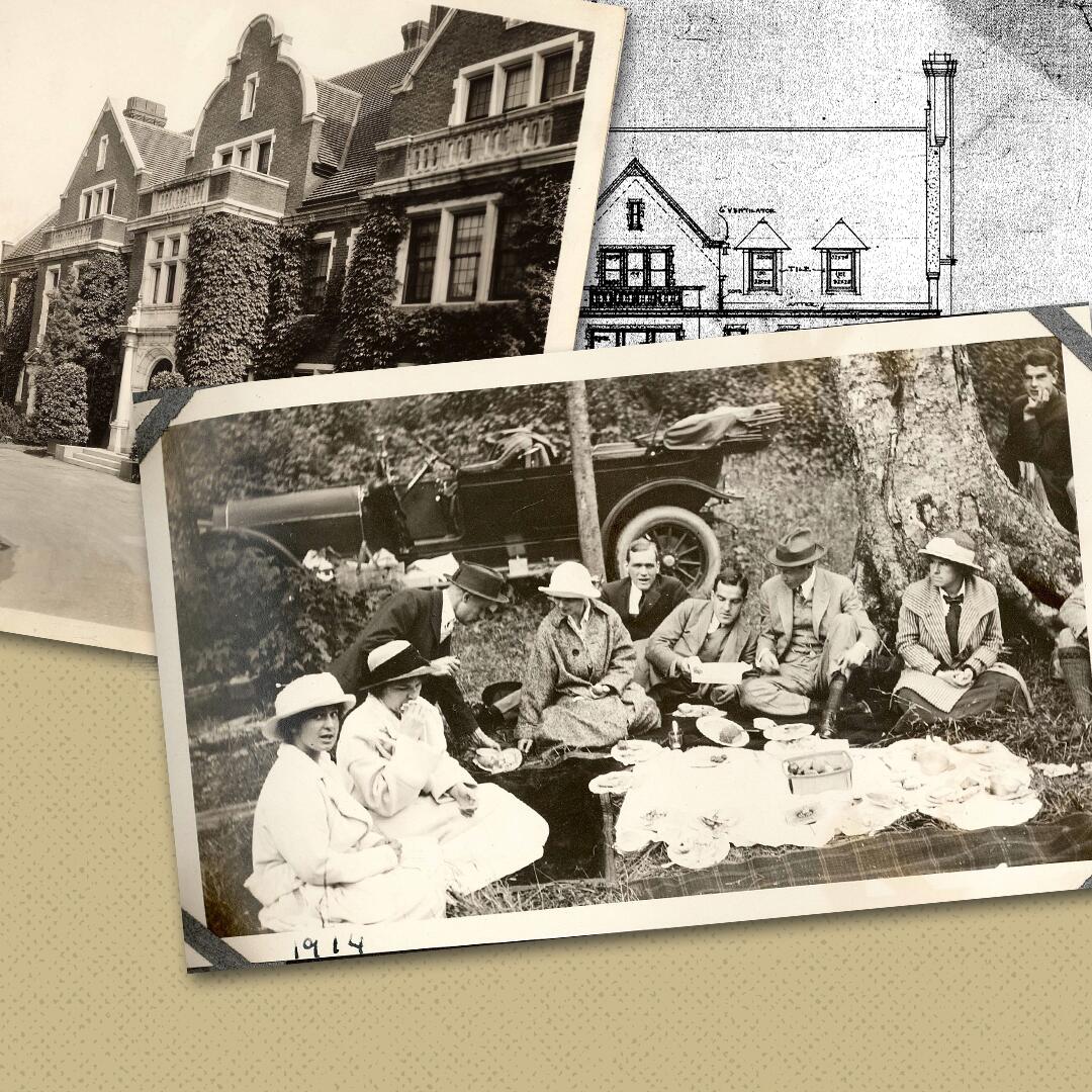 group of Congdon family members sitting in the grass having a picnic, historic photo of mansion in the background