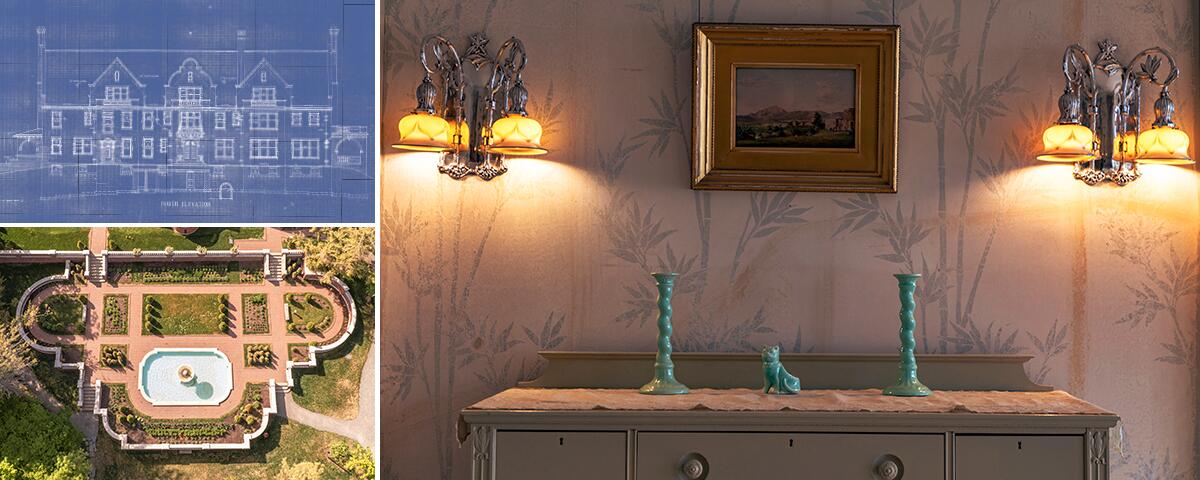 two light sconces over a dresser, drone view of the formal garden and fountain, blueprint of the mansion.