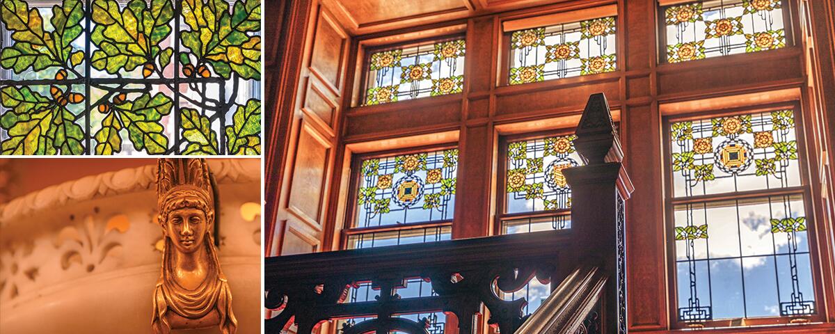 oak leaf stained glass, gold head on marble pot, large wall of three stain glass window panels.