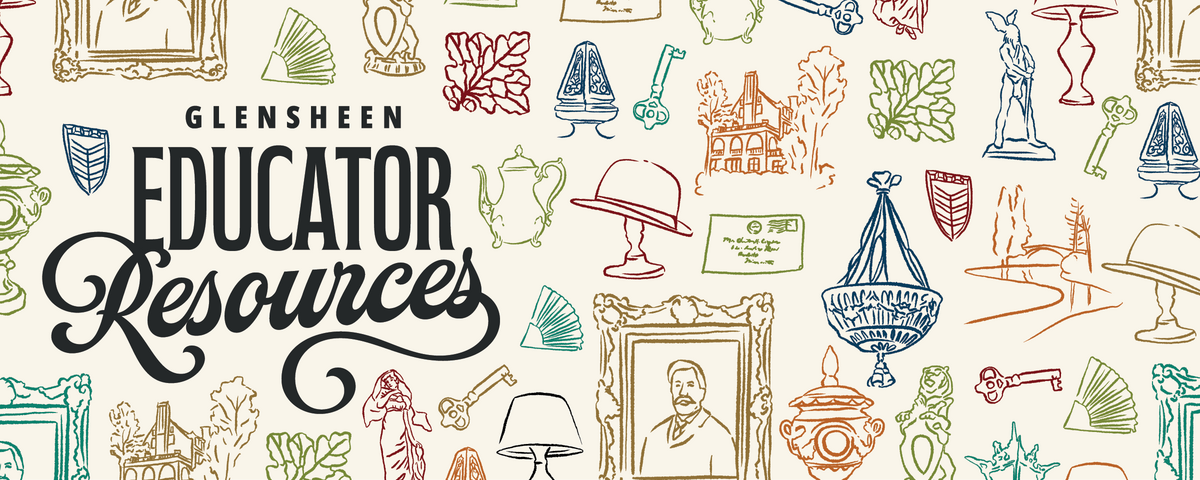 pattern of illustrated artifacts from the mansion, reads 'Glensheen Educator Resources'.