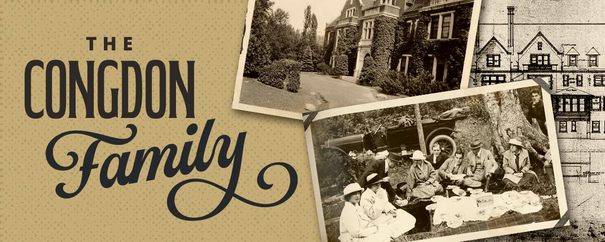 group of Congdon family members sitting in the grass having a picnic, historic photo of mansion in the background, reads "The Congdon Family"