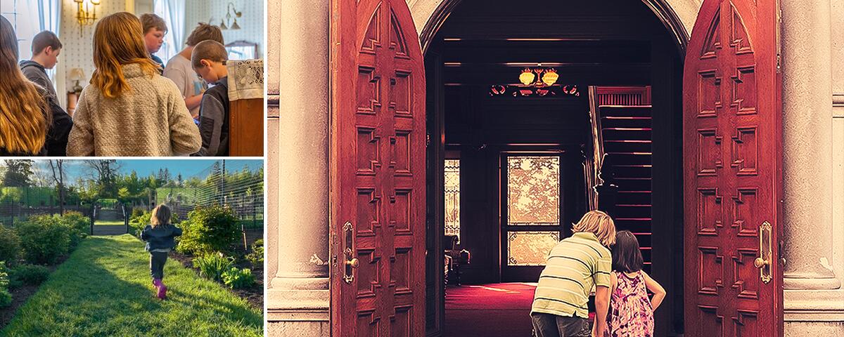two kids looking through front doors of Glensheen; girl running in grassy garden; kids looking around wallpapered room..