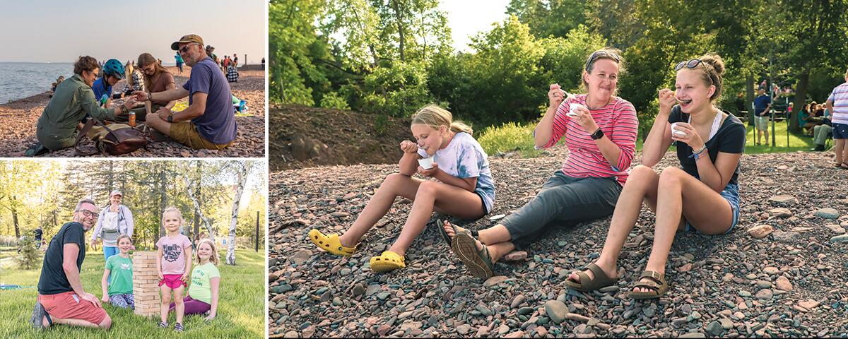 mom and girls eating ice cream on lakeshore, family having a picnic on the lakeshore, family playing jenga on grass.