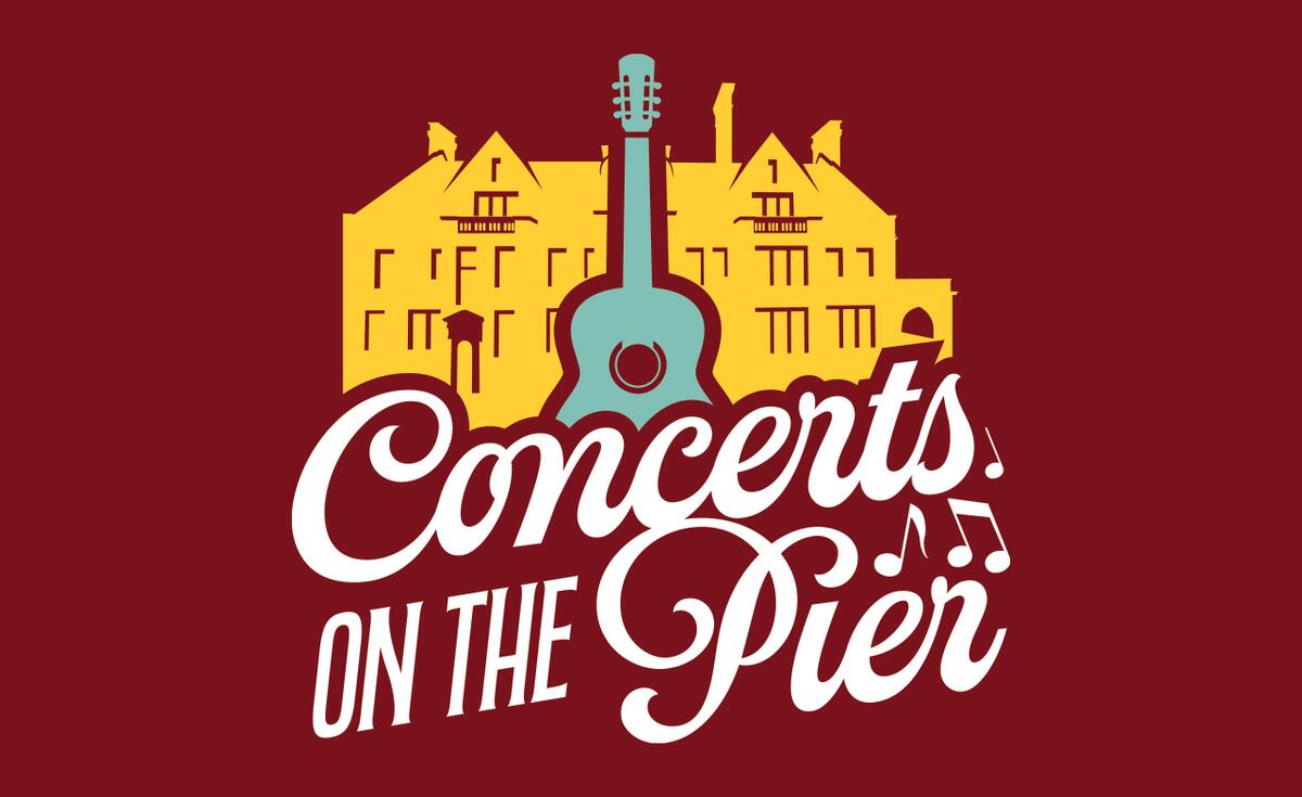 Concerts on the Pier logo with yellow mansion and a blue guitar.