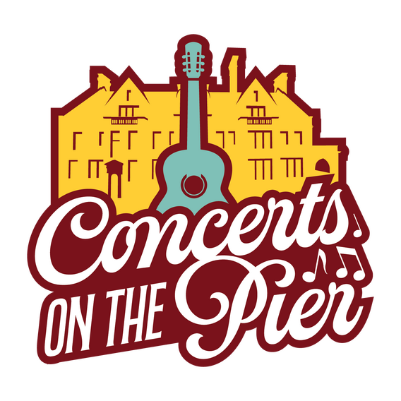 Concerts on the Pier logo with yellow mansion and a blue guitar.