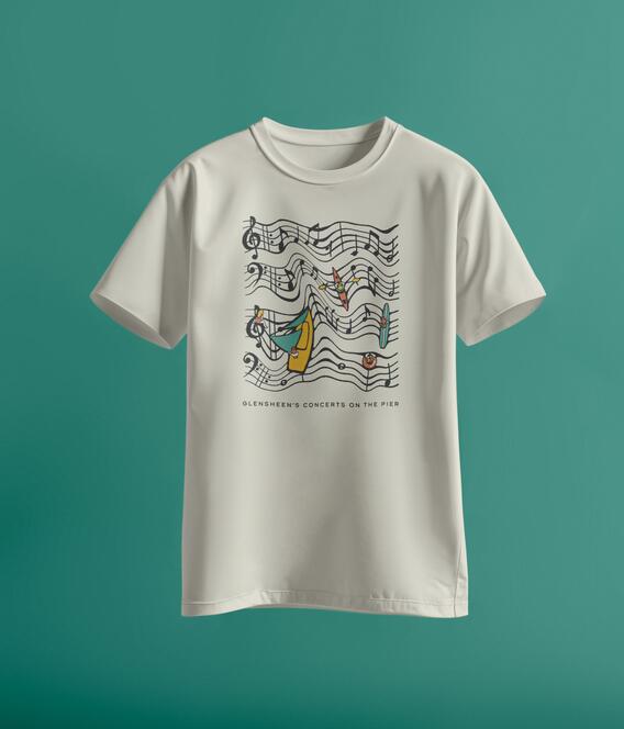 white graphic t-shirt floating on a turquoise background.