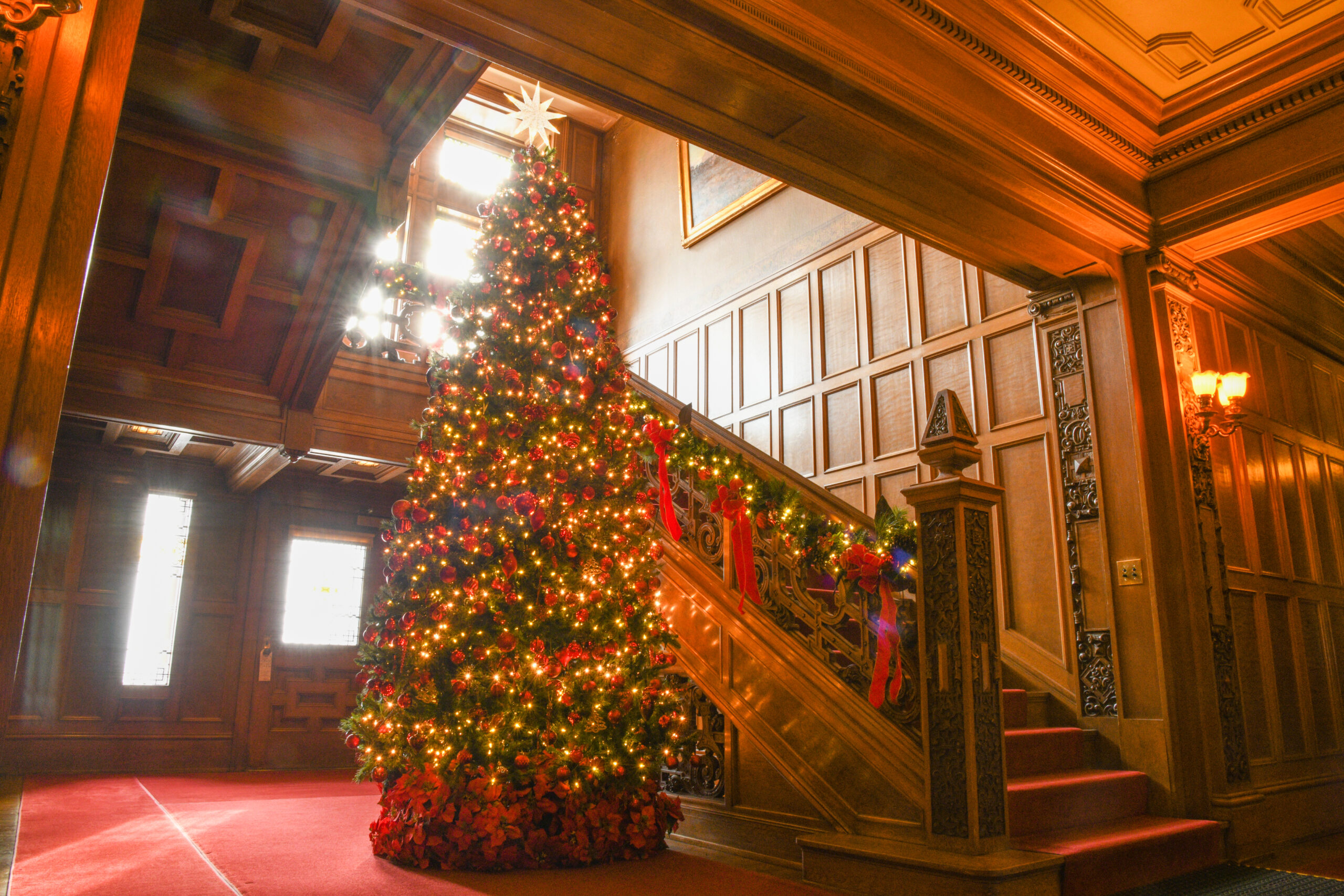 A large Christmas Tree stands in front of a staircase with a large wooden banister strung with garland and swag. The tree is in front of several large glass windows and is lit with white lights and red ribbon.