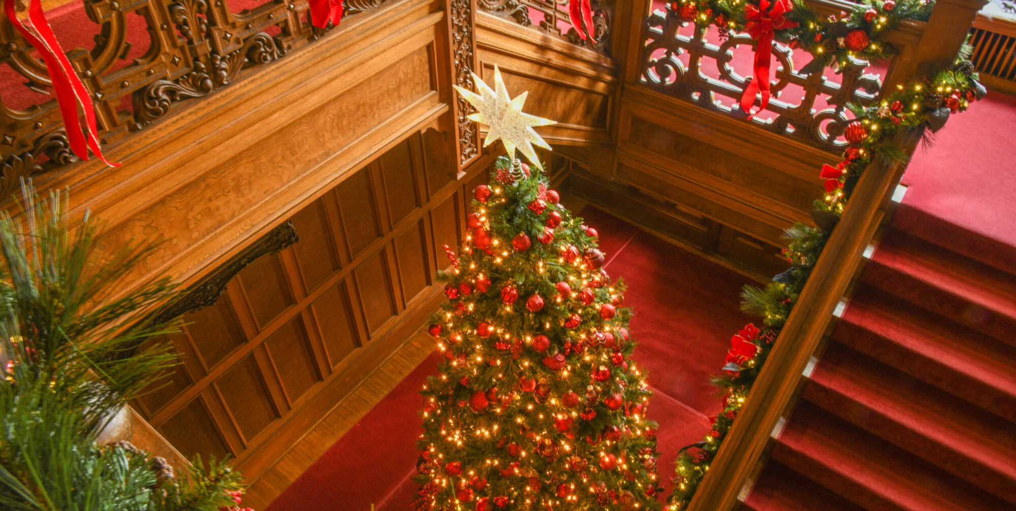 A tall Christmas tree with a white star stands in between stairs lined with red carpet and next to wooden railings lined with green and red swag.