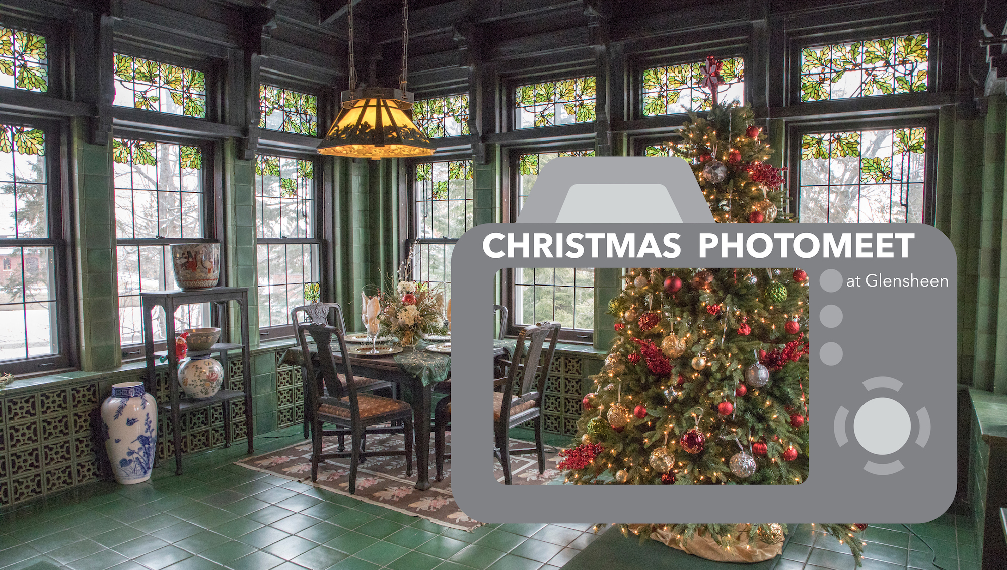 Photo of Glensheen's green tiled breakfast room with christmas tree and camera graphic design