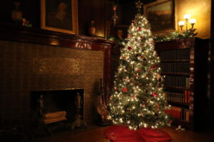 A green Christmas tree stands in front of a fireplace with a red skirt on the ground and lights on the tree lit up white.