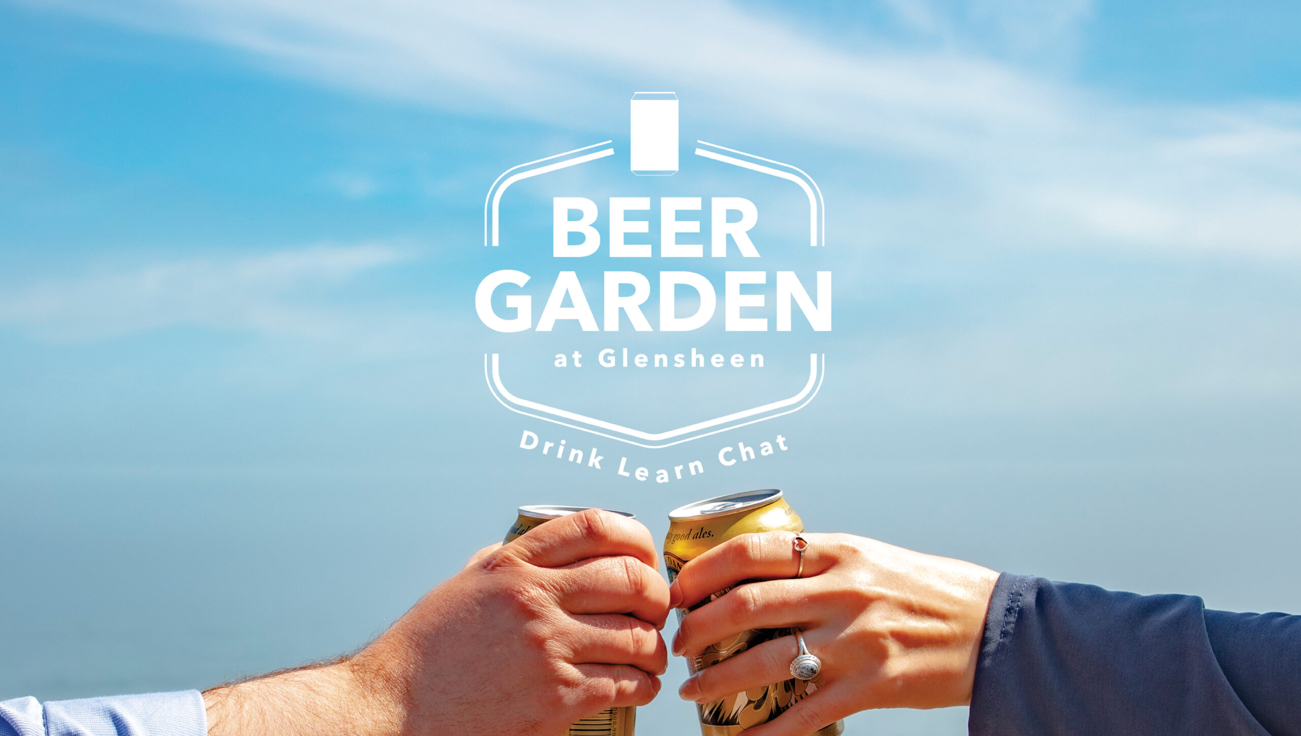 Two hands with cans cheers in front of a blue lake with light white clouds in a blue sky. A logo says Beer Garden at Glensheen.