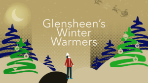 Glensheen's Winter Warmers text with a gold sky background, moon in the sky, and a person walking between two Christmas trees wearing a red jacket and blue pants.