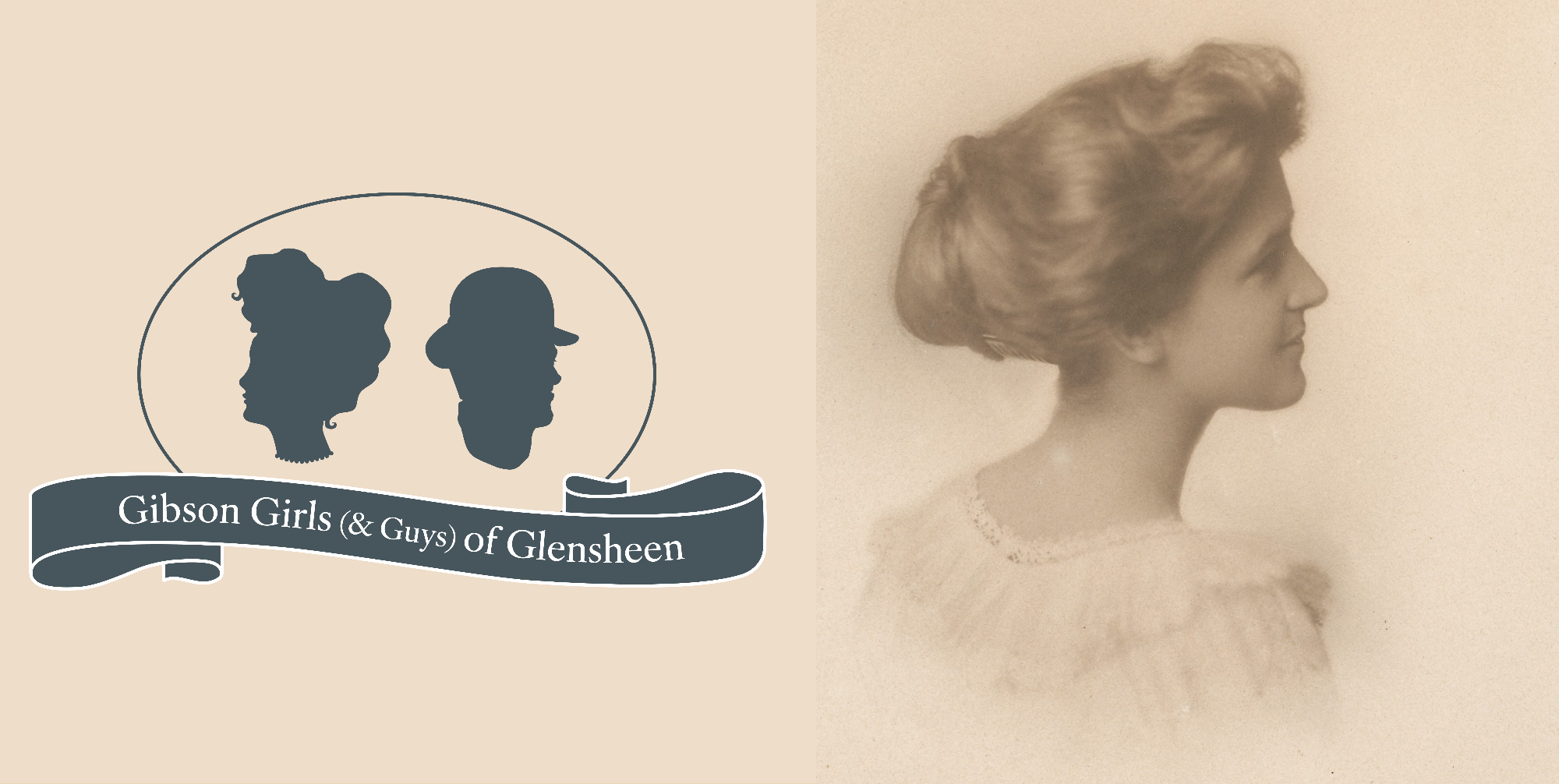 A portrait of a woman with large curly hair and a white dress on in silhouette. Next to it, a logo featuring a woman with large hair facing left and a man with a bowler hat facing right. Text says Gibson Girls & Guys of Glensheen.