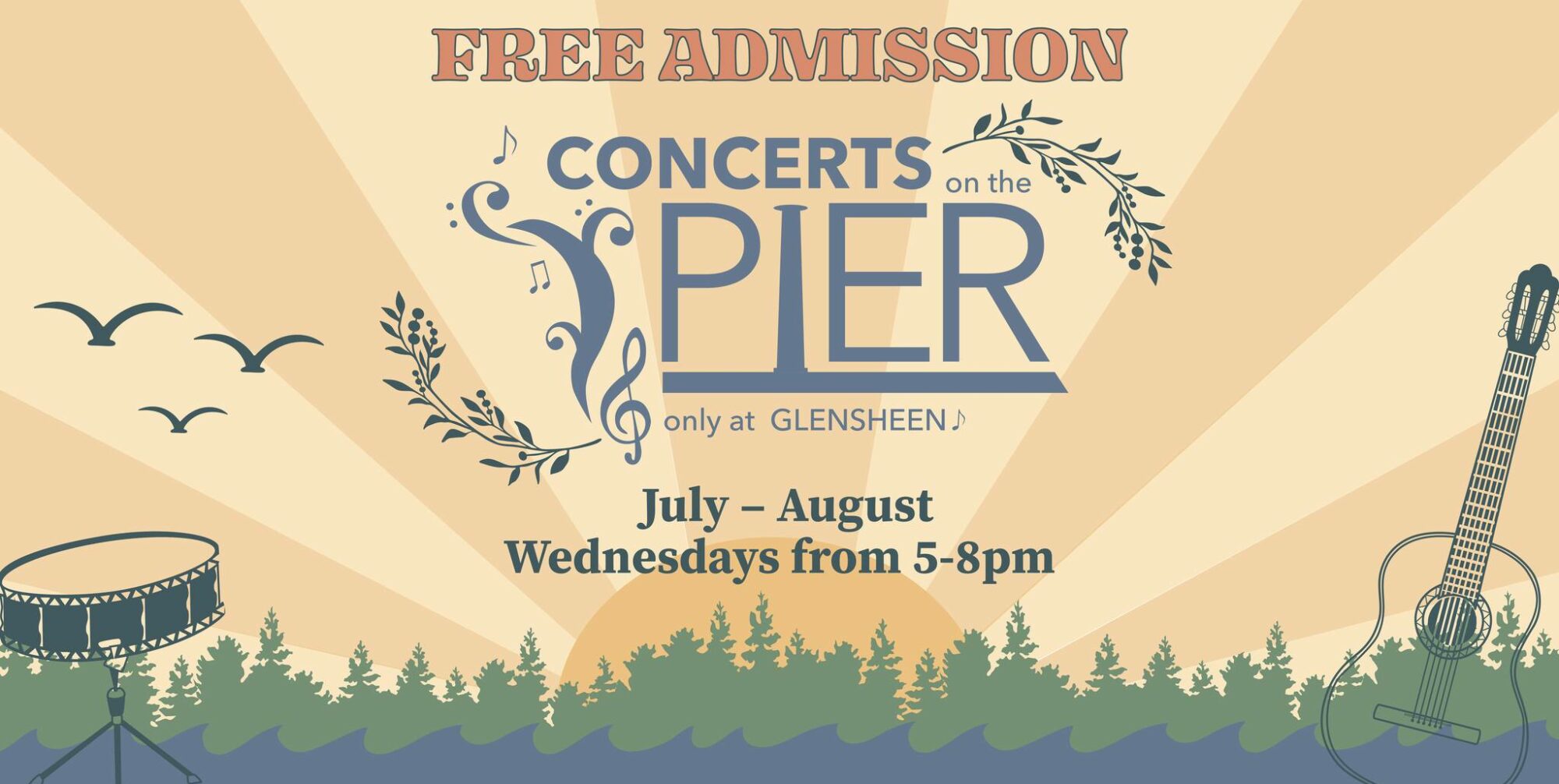 A sun rising with the text Concerts on the Pier only at Glensheen, Free Admission, July-August, Wednesdays 5pm-8pm. Instruments and a landscape are in the foreground.